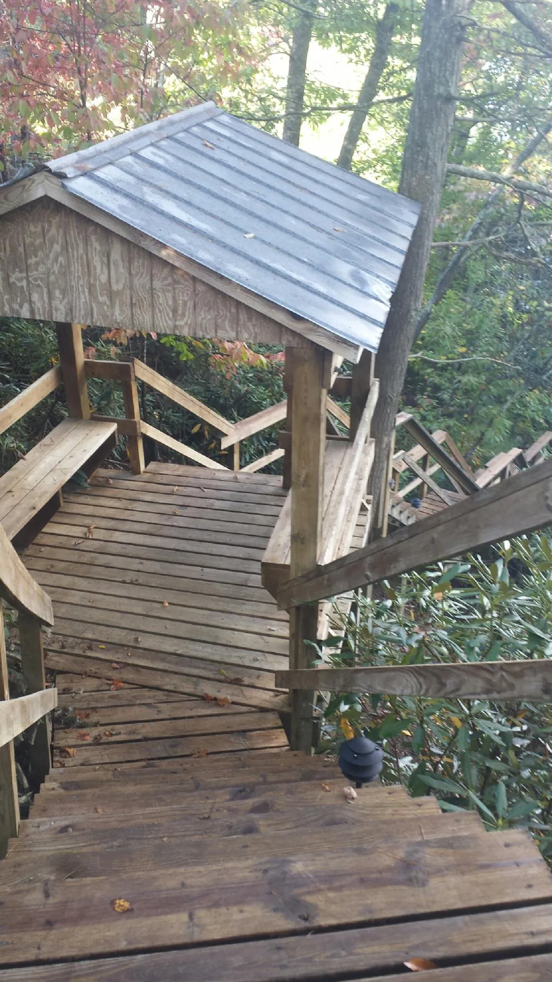 Metal roofed shelter over wooden steps on a wooded walkway — Skylight Repair & Installation work by our crew in Washington Boro